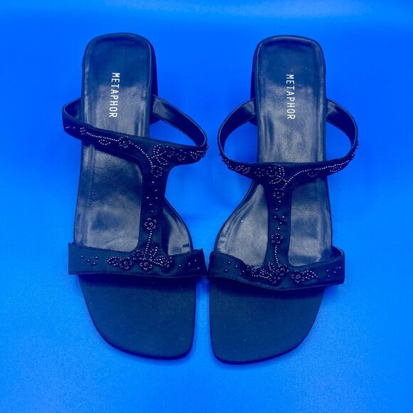 METAPHOR Black Heeled Sandals Festive Beading Leather Sole Women's Size 9.5 - Picture 2 of 9